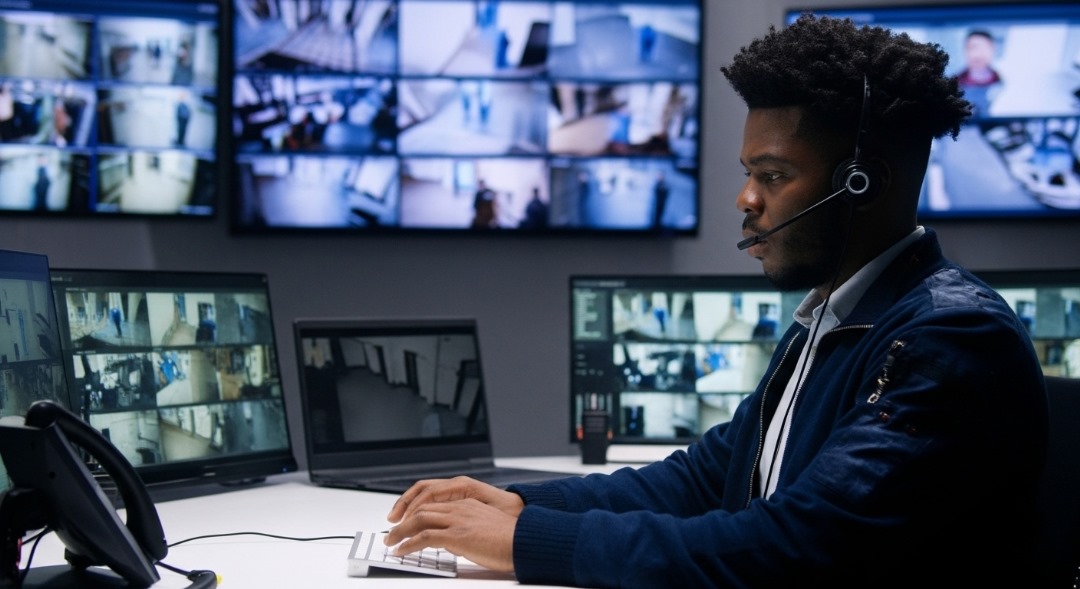 Mall security operator monitoring CCTV feeds with Sorveo video intelligence