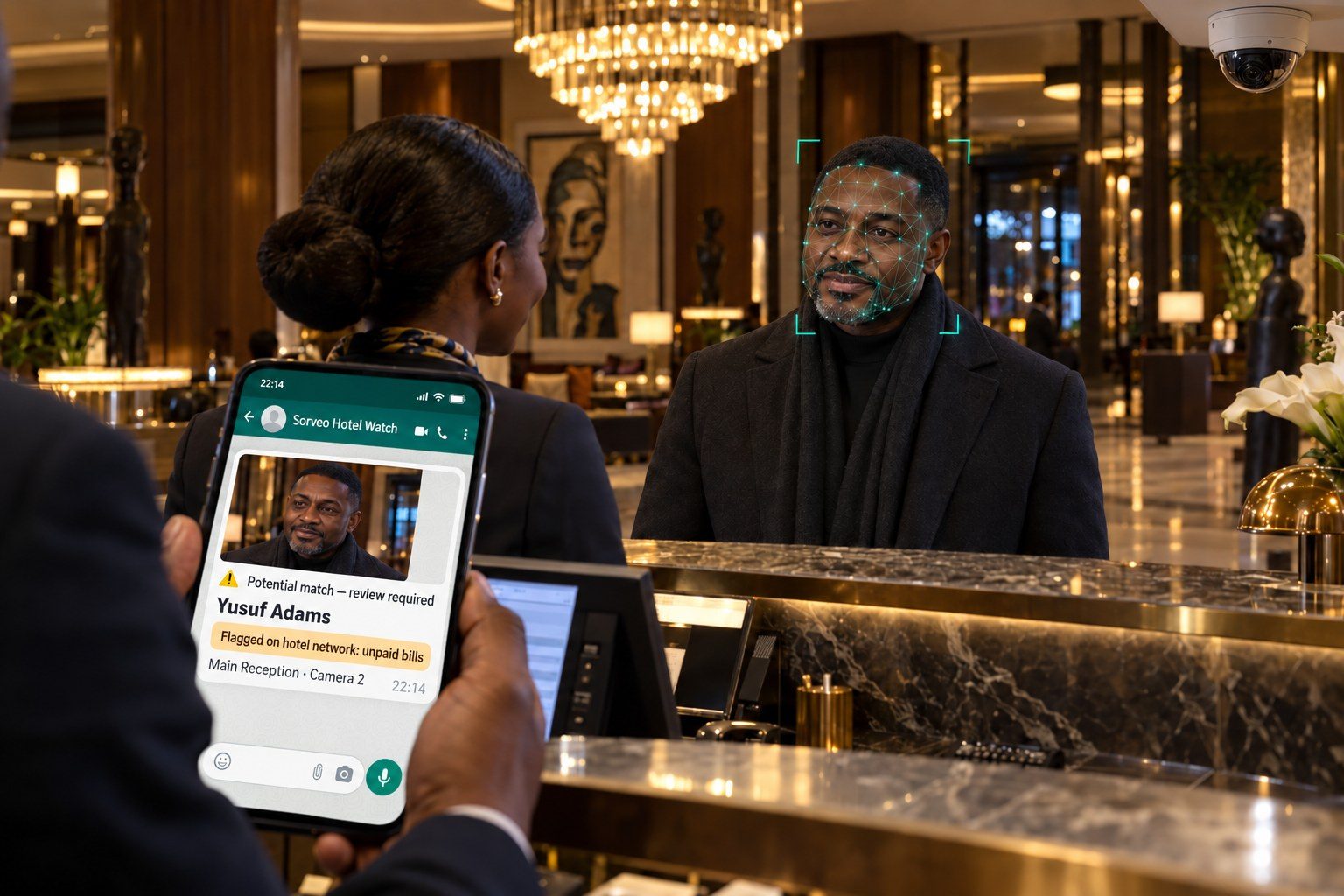 Hotel receptionist receiving a Sorveo Hospitality Intelligence Network alert on a phone as a guest arrives at the front desk